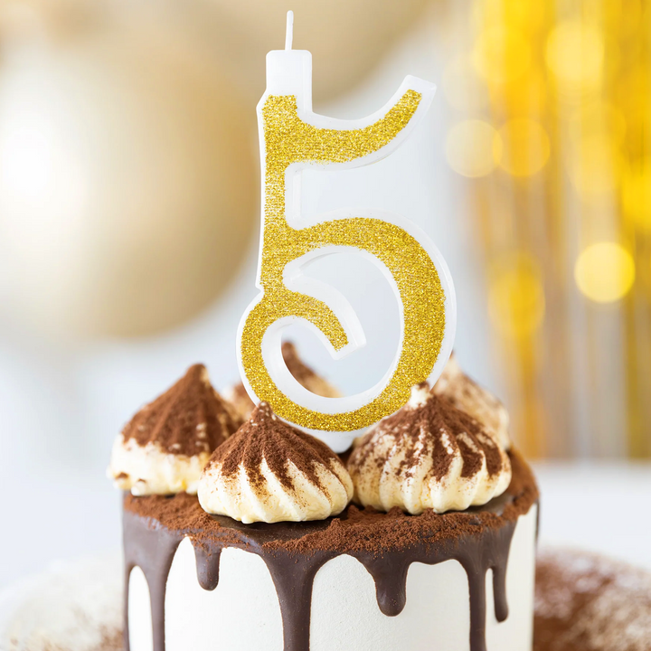 Large gold candle with glitter, number 5