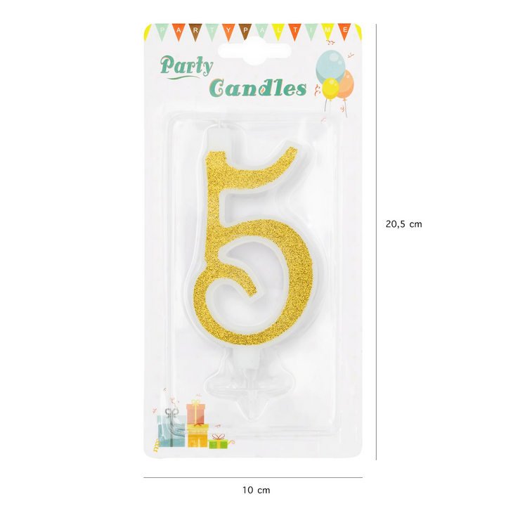 Large gold candle with glitter, number 5