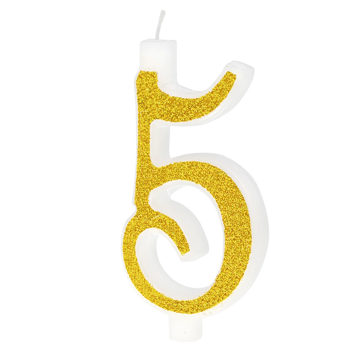 Large gold candle with glitter, number 5