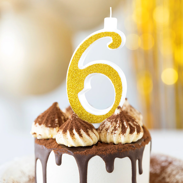 Large gold candle with glitter, number 6