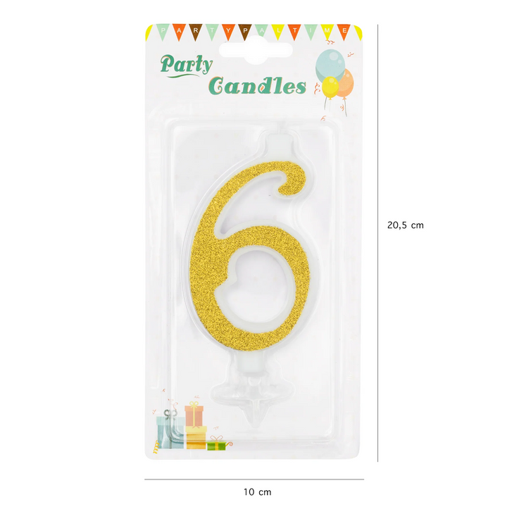 Large gold candle with glitter, number 6