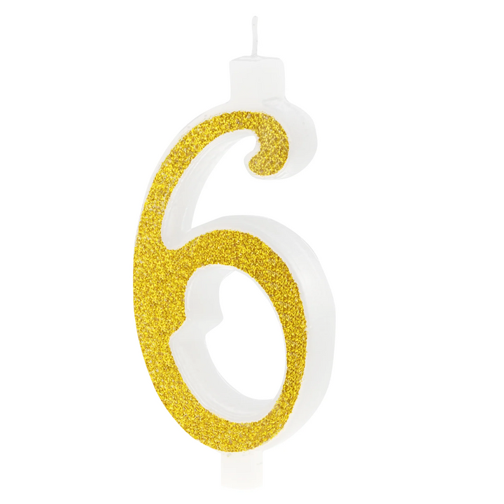 Large gold candle with glitter, number 6