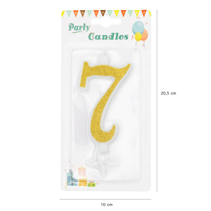 Large gold candle with glitter, number 7