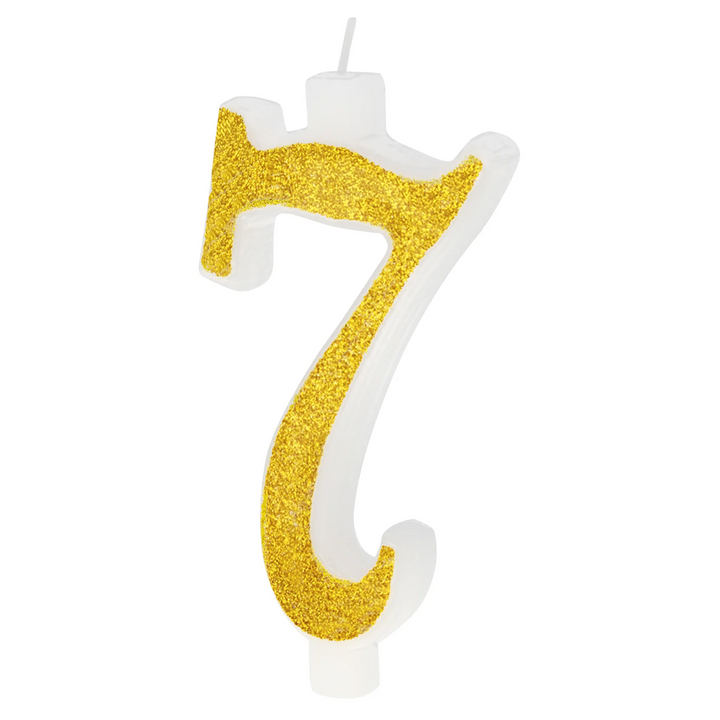 Large gold candle with glitter, number 7