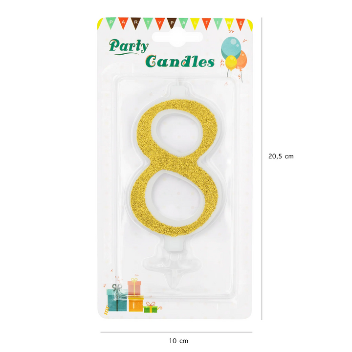 Large gold candle with glitter, number 8