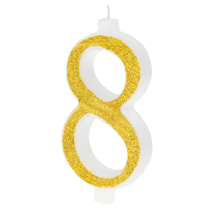 Large gold candle with glitter, number 8