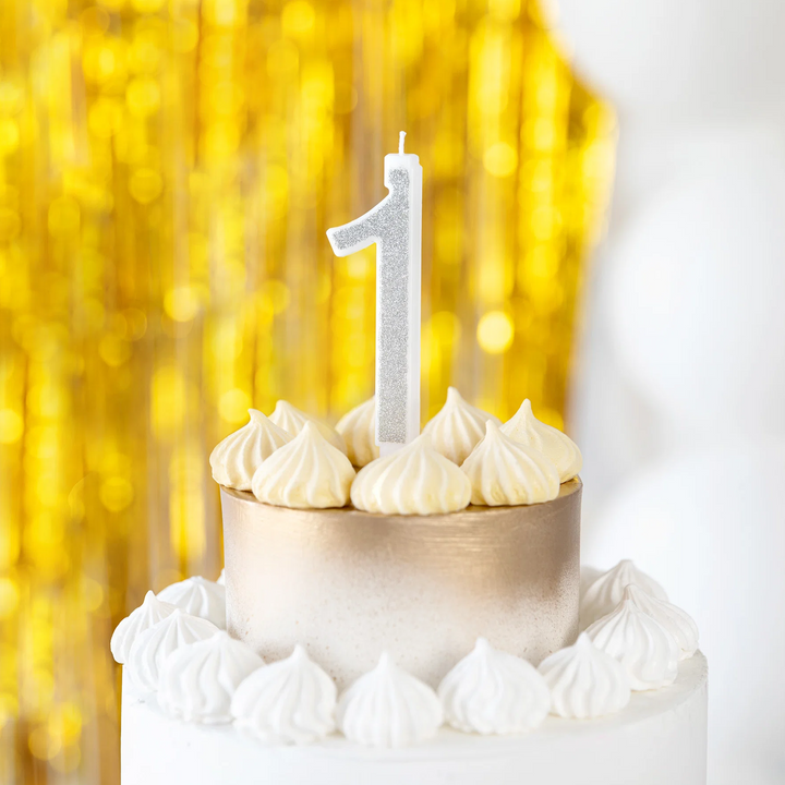 Large silver candle with glitter, number 1