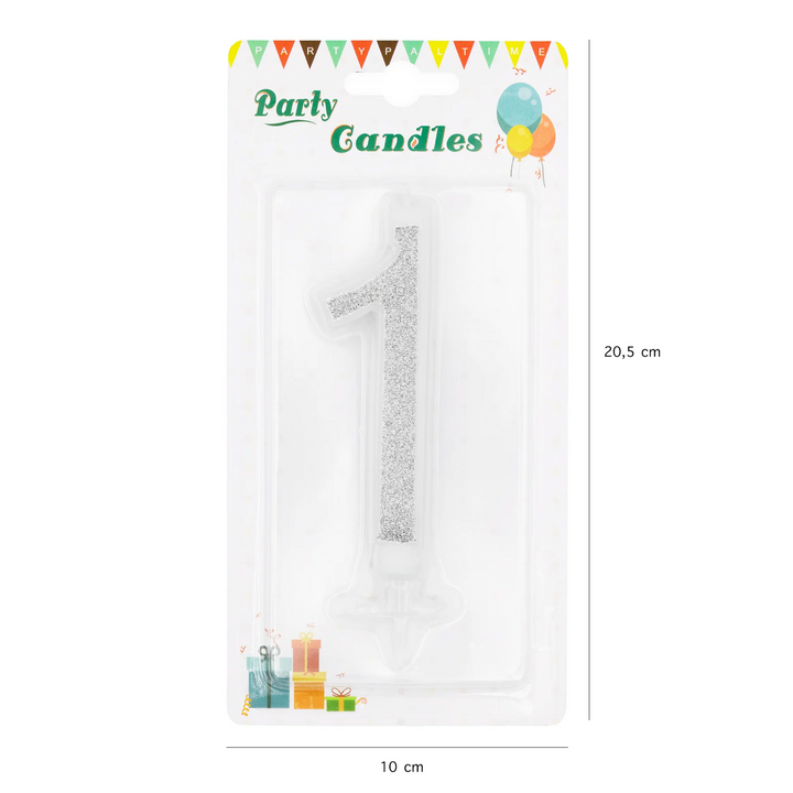 Large silver candle with glitter, number 1