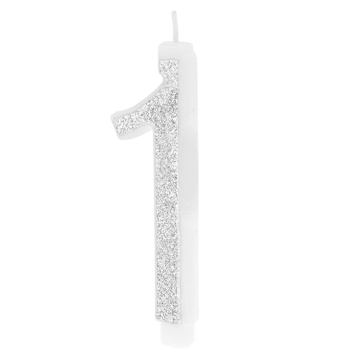 Large silver candle with glitter, number 1