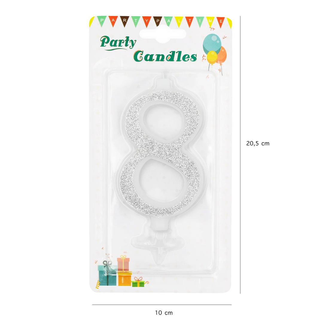 Large silver candle with glitter, number 8