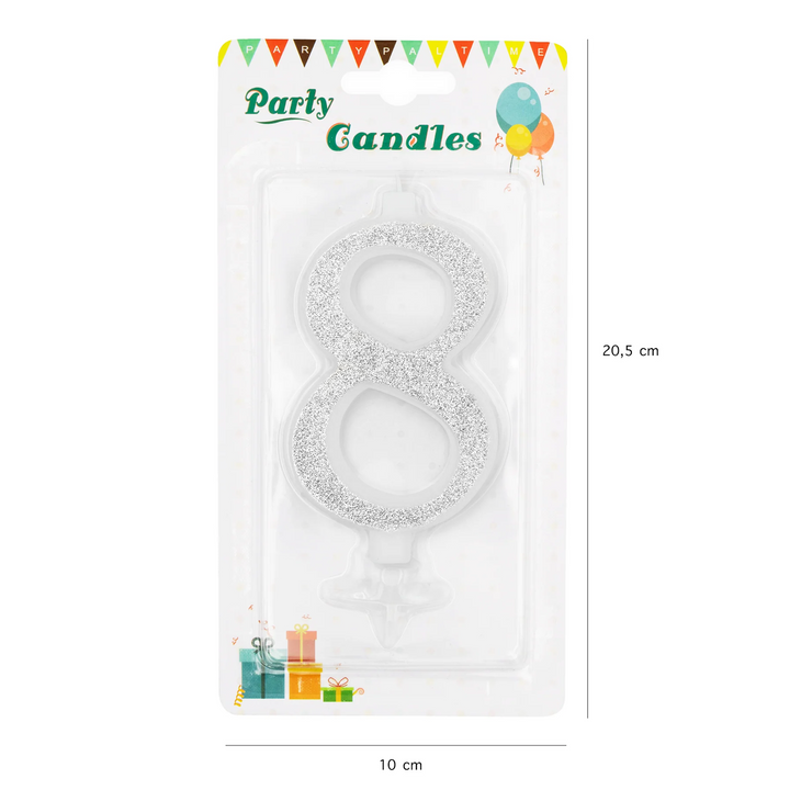 Large silver candle with glitter, number 8