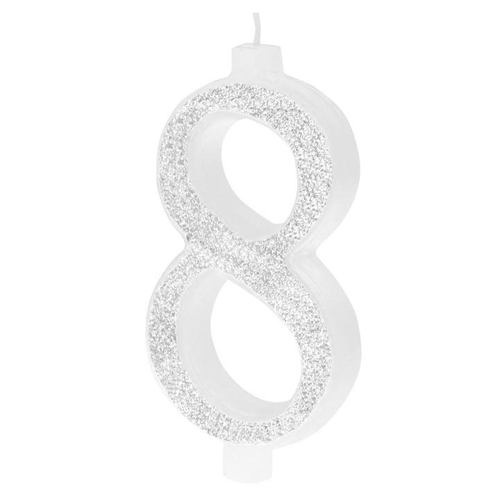 Large silver candle with glitter, number 8