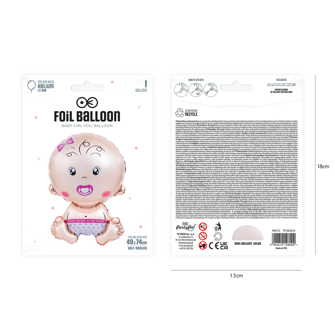Balon foliowy Bobas ze smoczkiem dziewczynka 49x74cm
