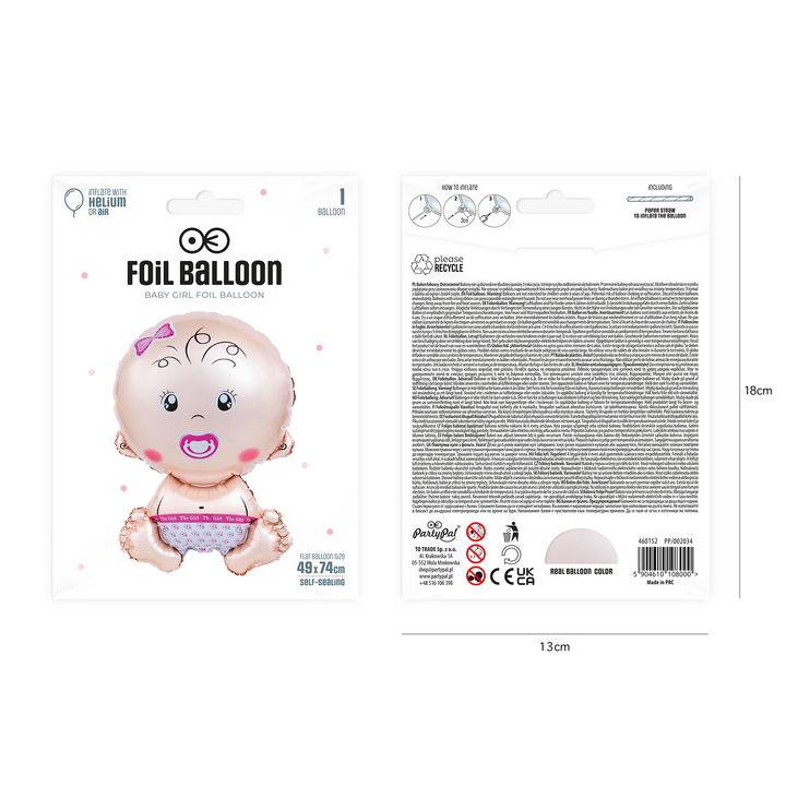 Balon foliowy Bobas ze smoczkiem dziewczynka 49x74cm
