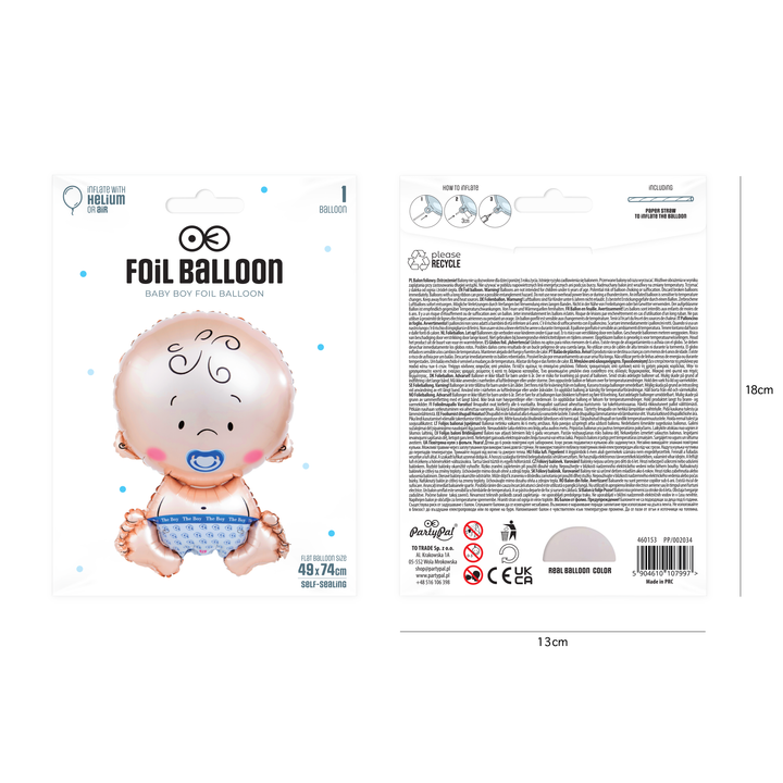 Balon foliowy Bobas ze smoczkiem chłopiec 49x74cm