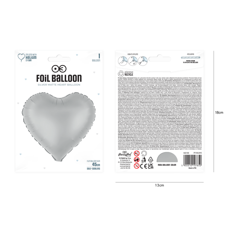 Balon foliowy Serce matowy srebrny 18cali