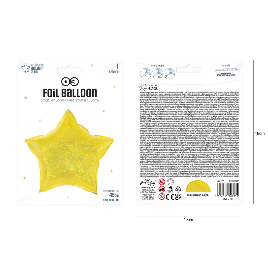 Balon foliowy Gwiazda holograficzny złoty 18cali