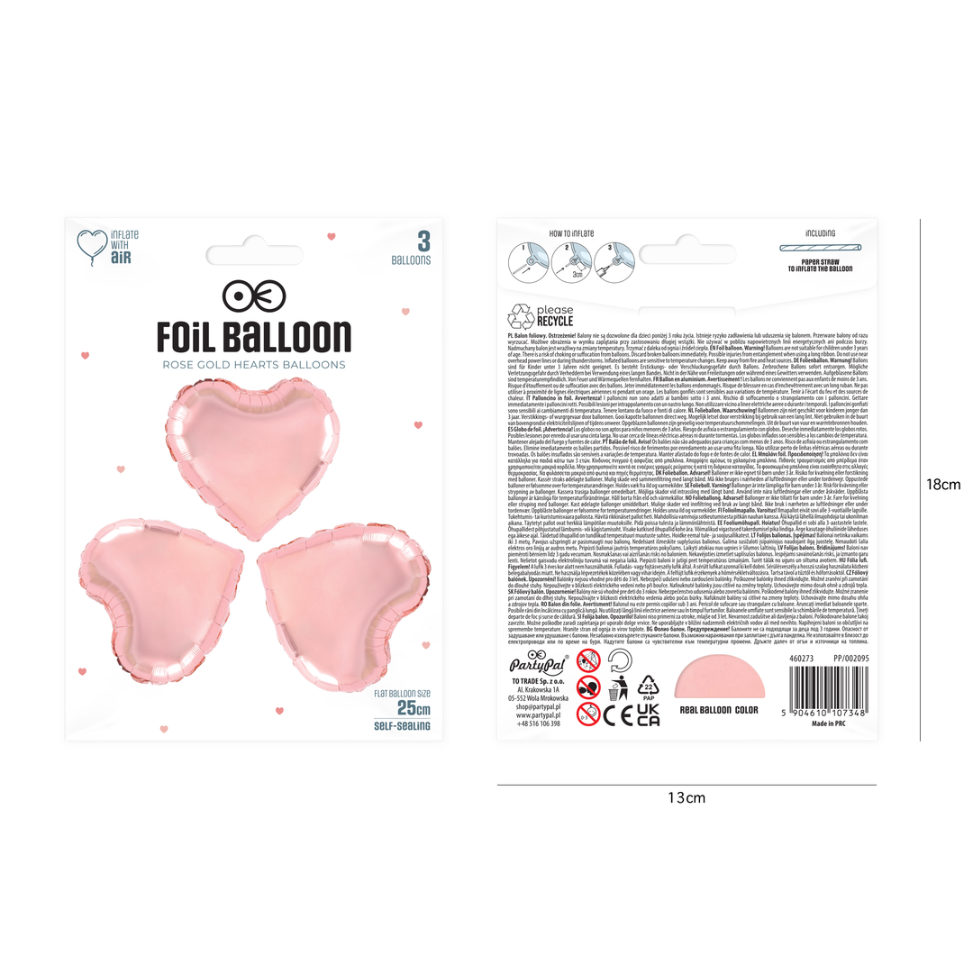 Balon foliowy Serce rose gold 9cali 3szt.