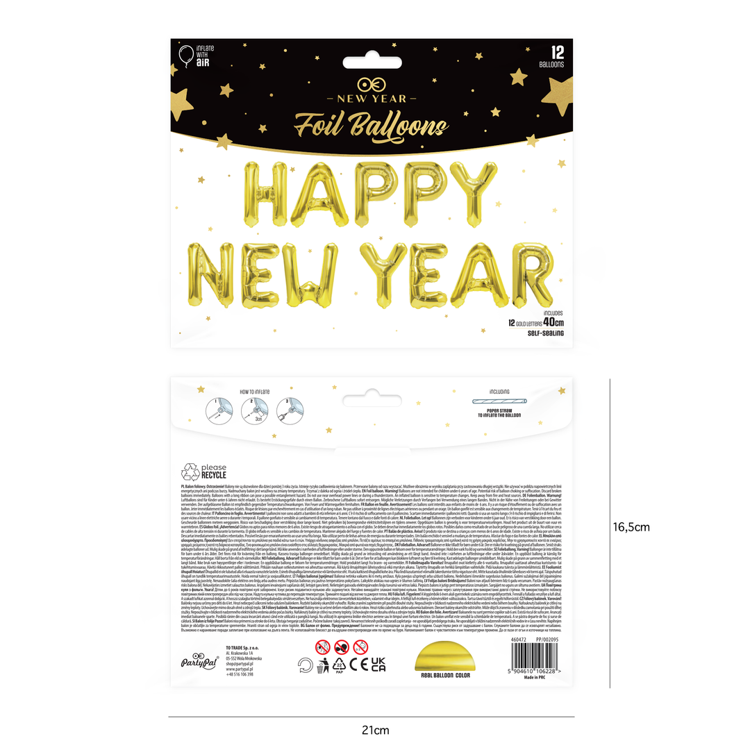Balon foliowy napis Happy New Year złoty 40cm zestaw