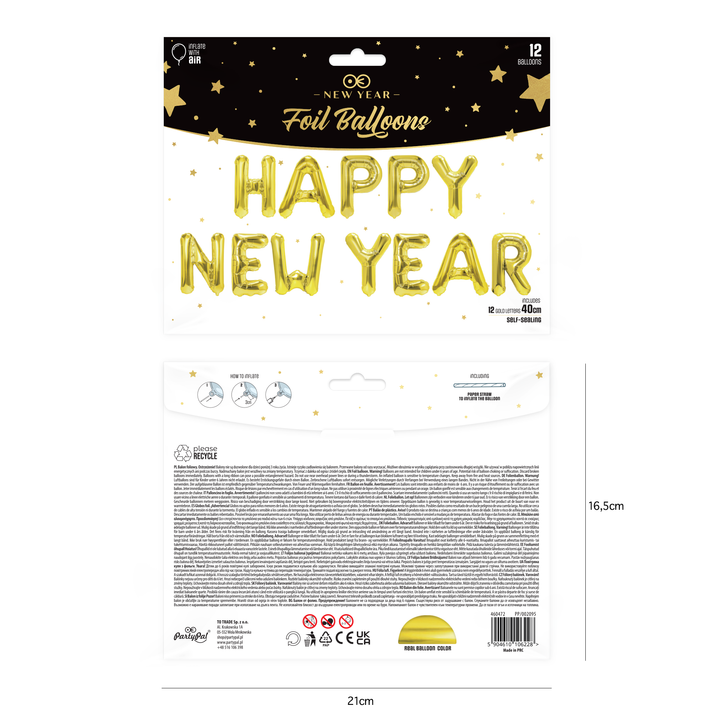Balon foliowy napis Happy New Year złoty 40cm zestaw