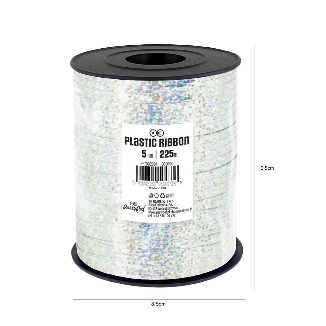 Wstążka plastikowa holograficzna brokatowa srebrna 225m