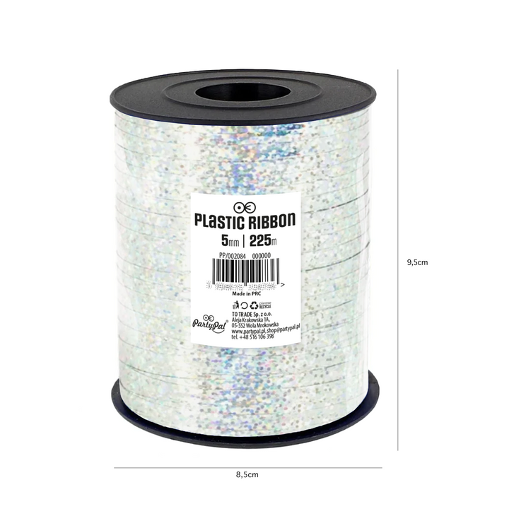 Wstążka plastikowa holograficzna brokatowa srebrna 225m