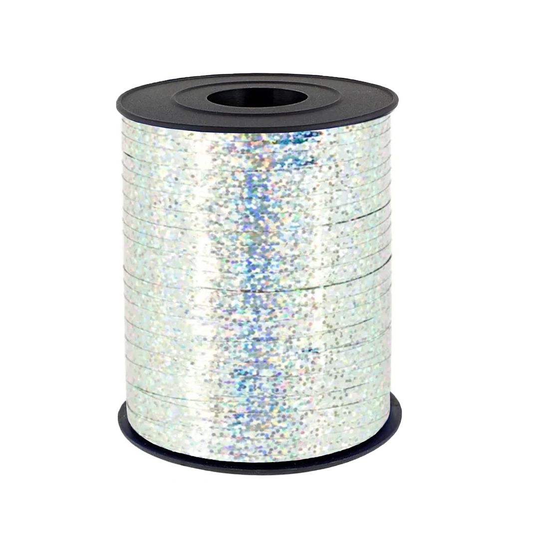 Wstążka plastikowa holograficzna brokatowa srebrna 225m