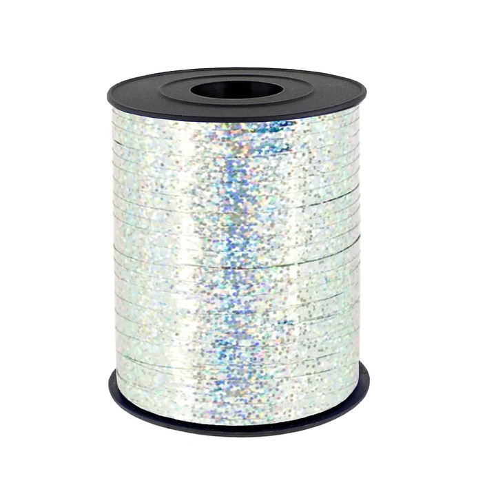 Wstążka plastikowa holograficzna brokatowa srebrna 225m