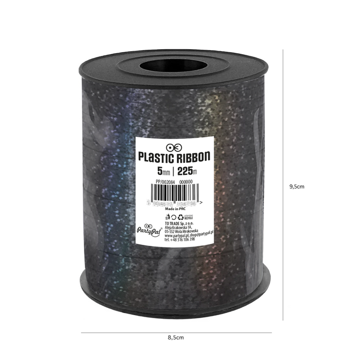 Holographic plastic ribbon black 225m