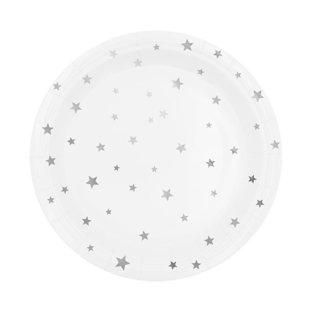 White paper plate with silver stars 7 inches 6 pcs.