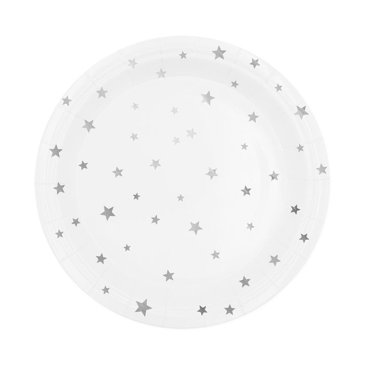 White paper plate with silver stars 7 inches 6 pcs.