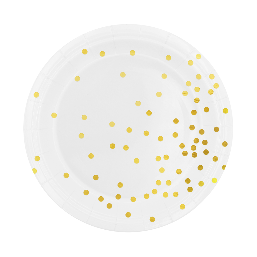 White paper plate with gold dots 7 inches 6 pcs.