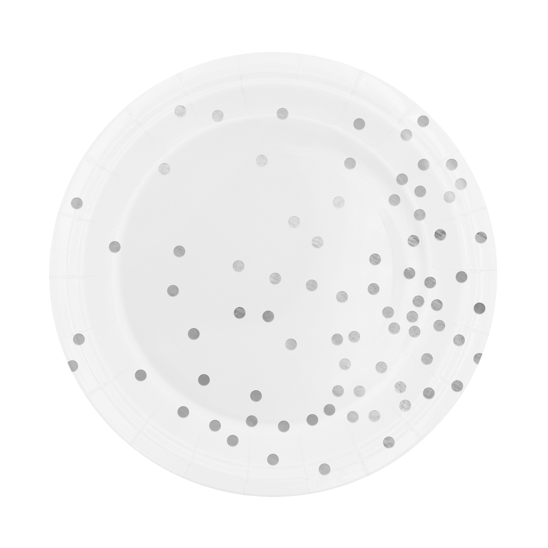 White paper plate with silver dots 7 inches 6 pcs.