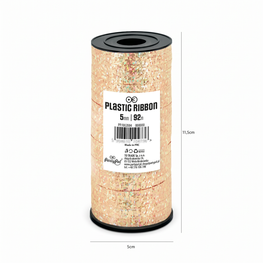 Cinta de plástico holográfica con purpurina en color oro rosa, 92 m
