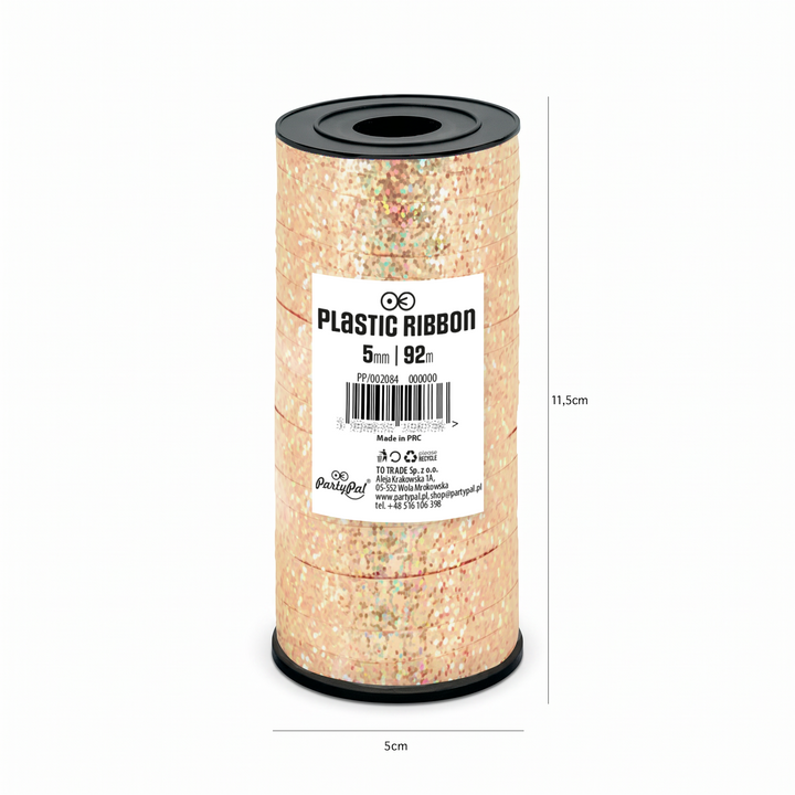 Cinta de plástico holográfica con purpurina en color oro rosa, 92 m