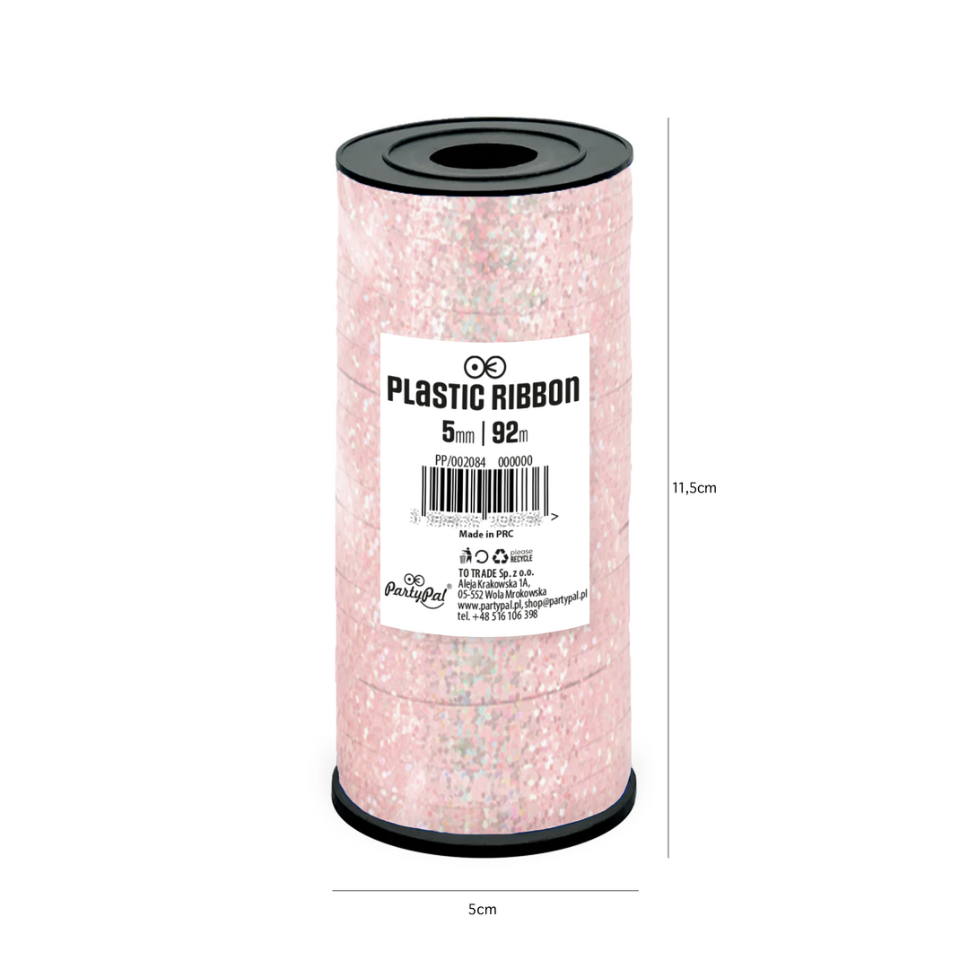 Wstążka plastikowa holograficzna brokatowa rose gold 92m