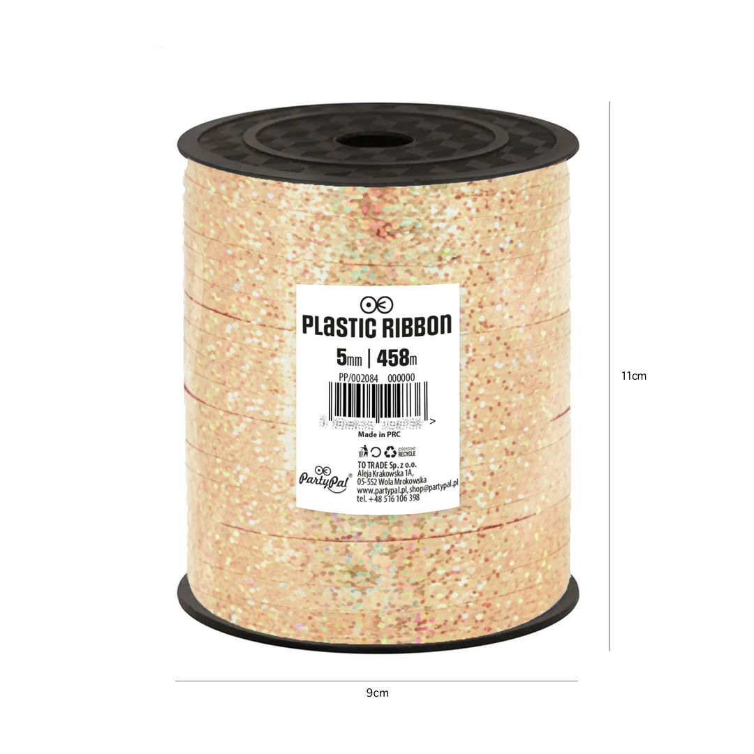 Cinta de plástico holográfica con purpurina en color oro rosa, 458 m