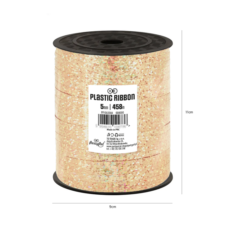 Cinta de plástico holográfica con purpurina en color oro rosa, 458 m