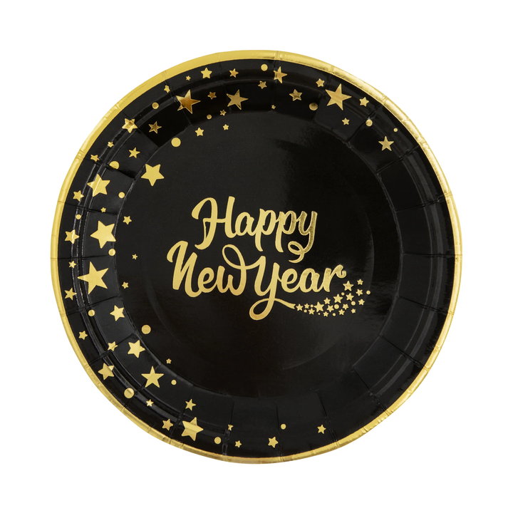Talerzyk papierowy Happy New Year czarny 7cali 6szt.