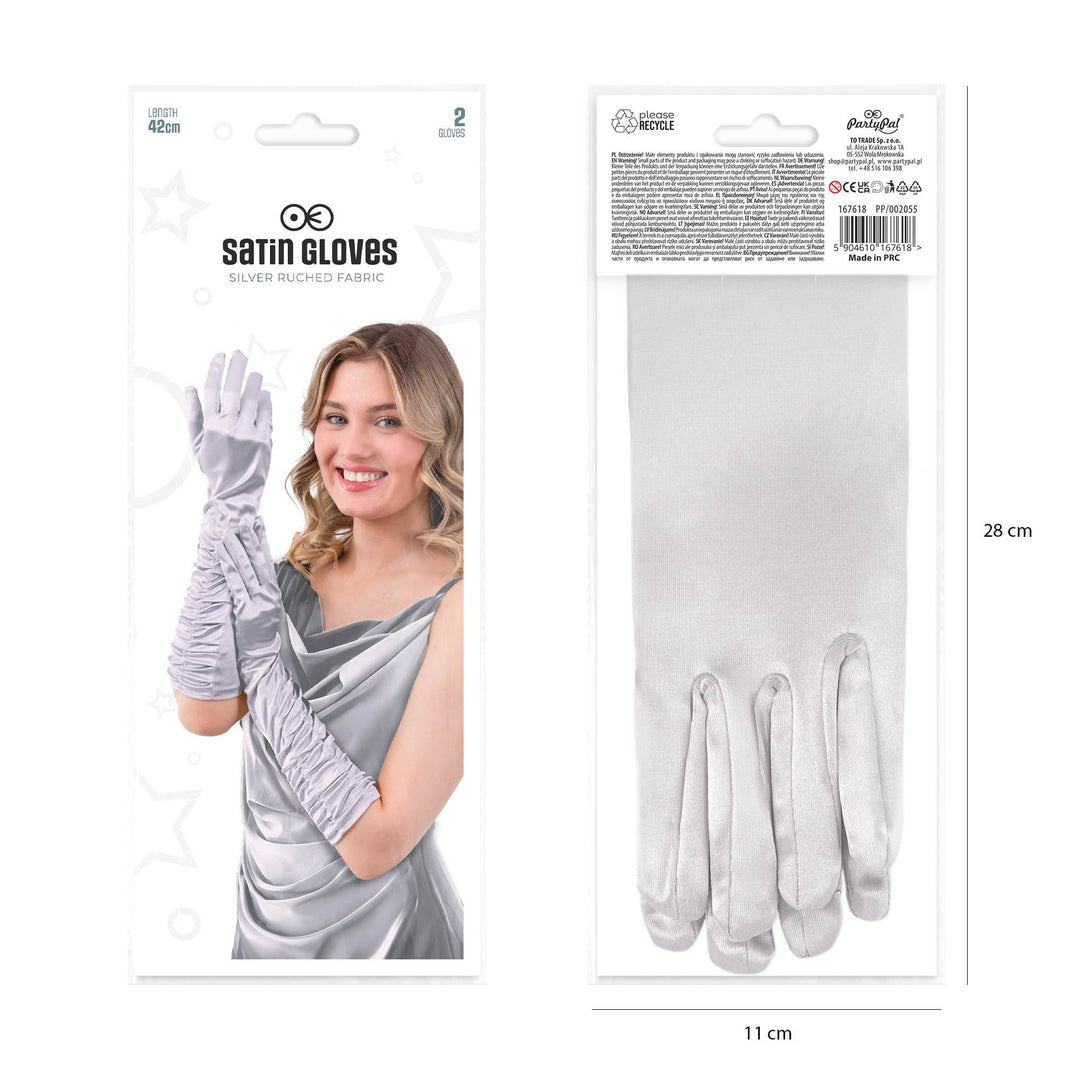 Rękawiczki satynowe z marszczeniem srebrne 42 cm