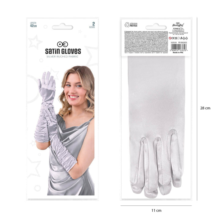 Rękawiczki satynowe z marszczeniem srebrne 42 cm