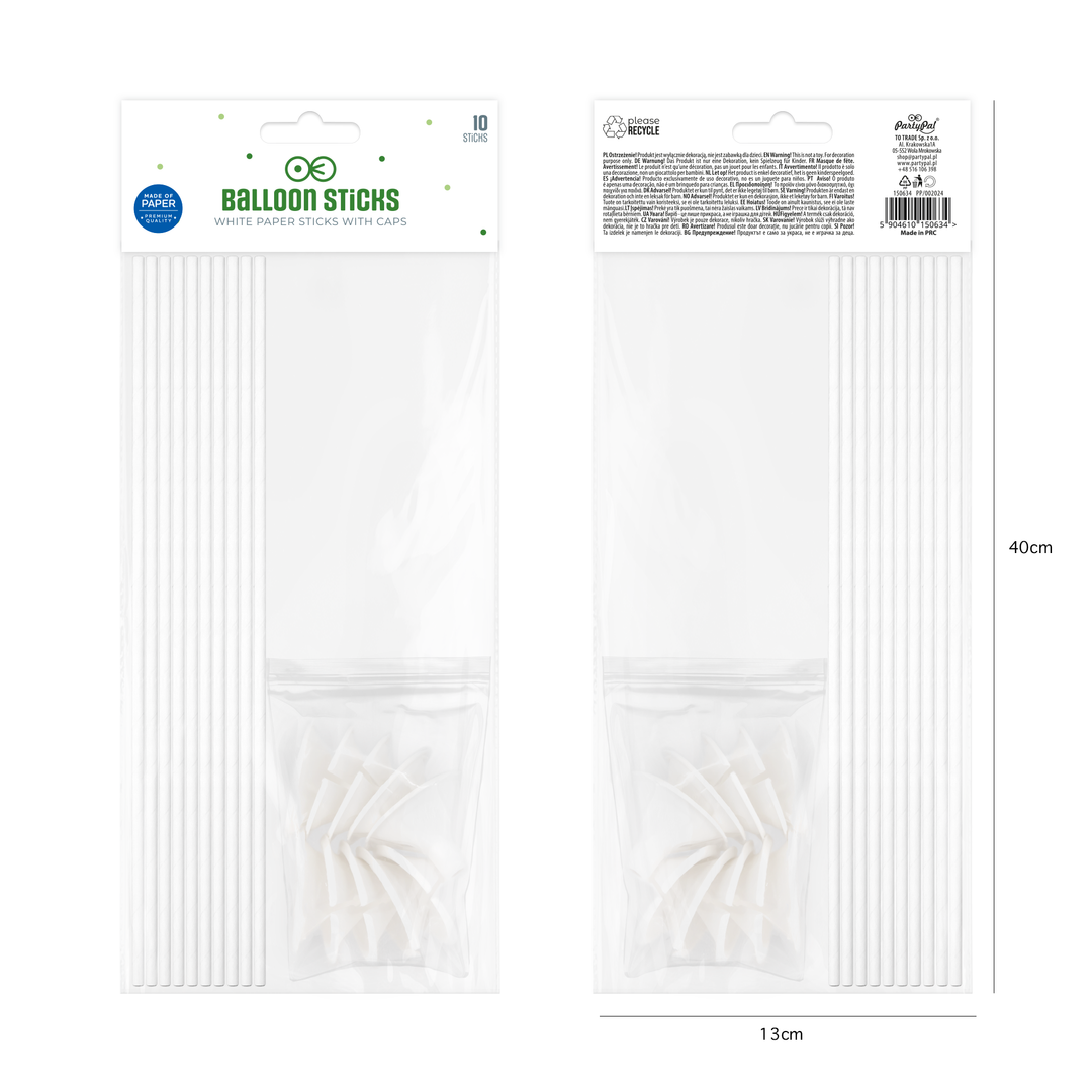 Patyczki do balonów papierowe Premium z zatyczkami białe 10szt.