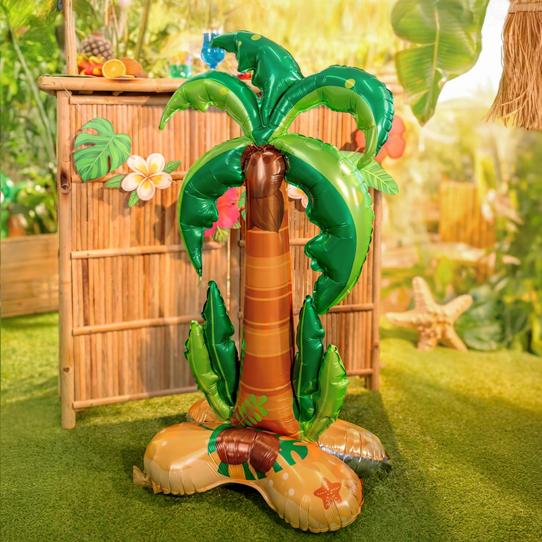 balon foliowy stojący w kształcie tropikalnej palmy, napełniany powietrzem, letnie przyjęci w stylu troplkalnym, aloha