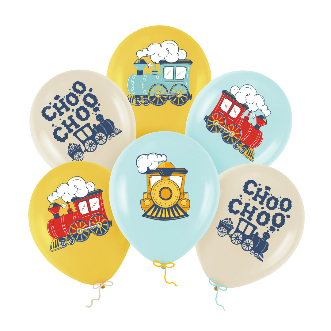 6 balonów lateksowych z motywem ciuchci i napisami choo choo, niebieskie, żółte, beżowe
