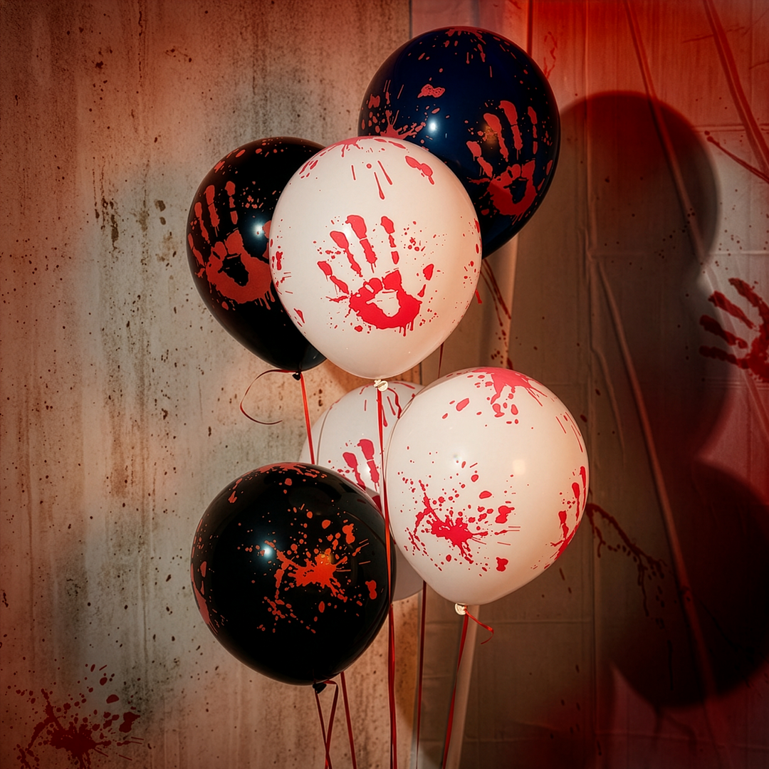 balony lateksowe białe i czarne z nadrukiem zakrwawionej dłoni i plam krwi z kolekcji bloody na halloween na tle brudnej ściany