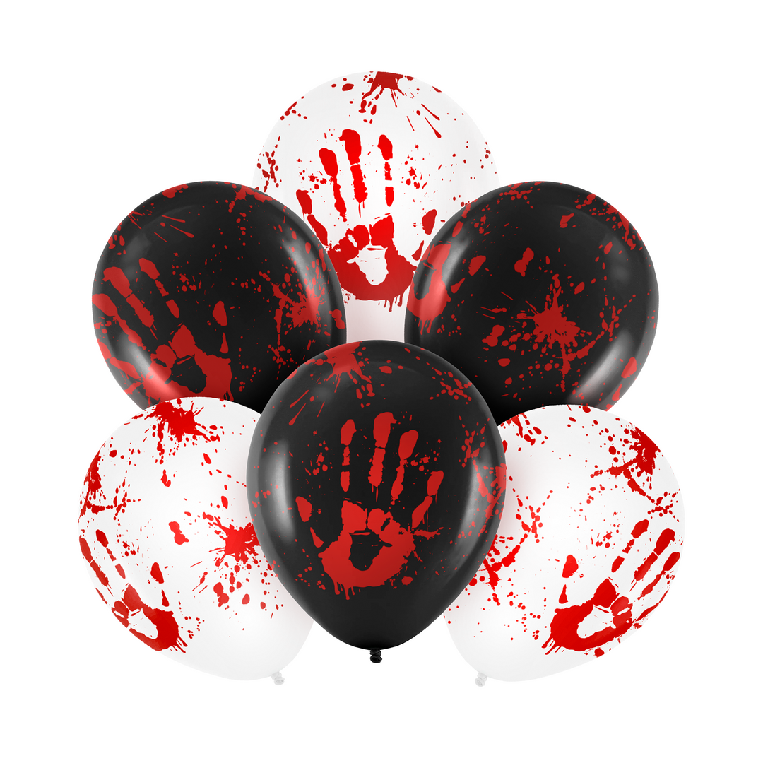 balony lateksowe białe i czarne z nadrukiem zakrwawionej dłoni i plam krwi z kolekcji bloody na halloween