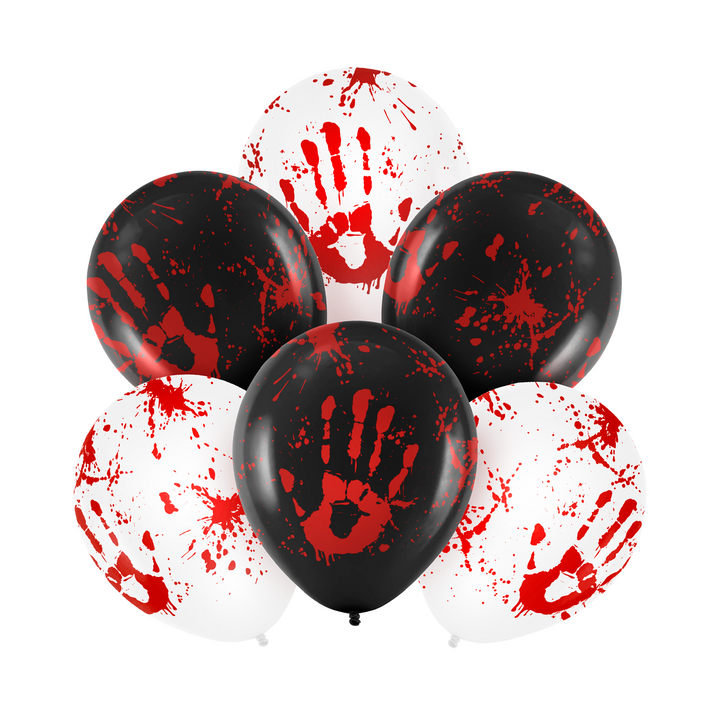 balony lateksowe białe i czarne z nadrukiem zakrwawionej dłoni i plam krwi z kolekcji bloody na halloween
