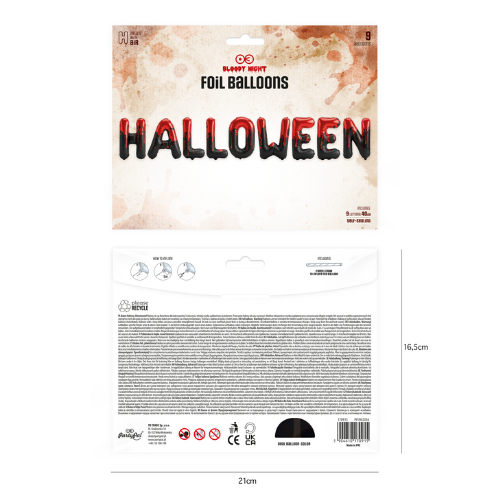 etykieta i opakowanie balonów foliowych w kolorze czarno czerwonym tworzącym napis halloween