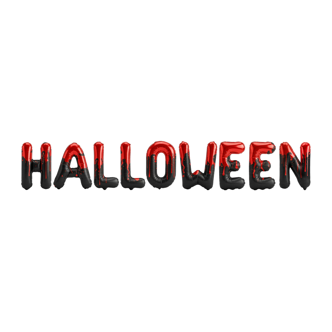 napis halloween z balonów foliowych w kolorze czarno czerwonym