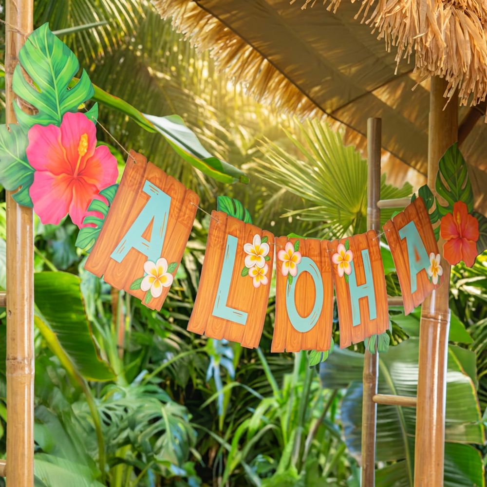 baner papierowy z napisem aloha z kolorywymi kwiatami hawajskimi